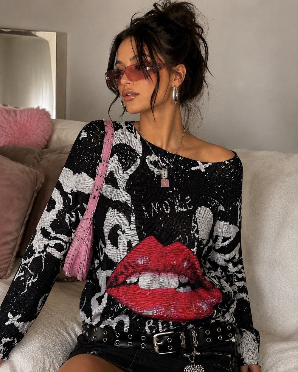 Y2K Lips Graphic Dolman Knit Sweater Made in Italy Goth McBling Alternative Blck